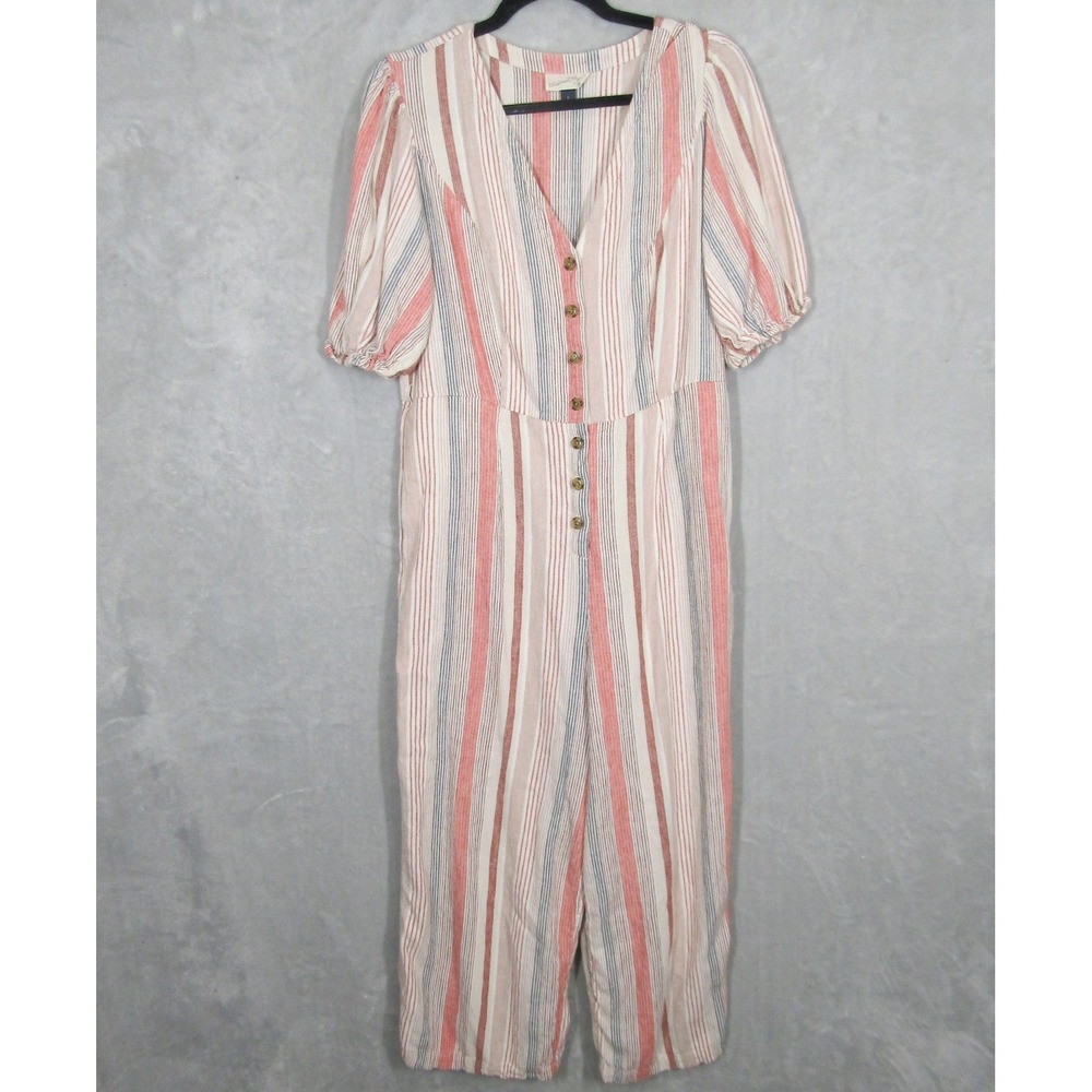 Universal Thread Striped Jumpsuit Womens Large Button Front Puff Sleeve Casual